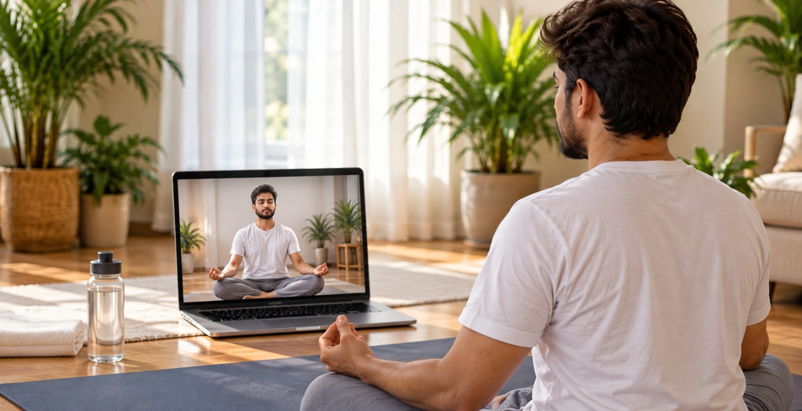 Deepak Sharma demonstrating seated practice on a laptop screen