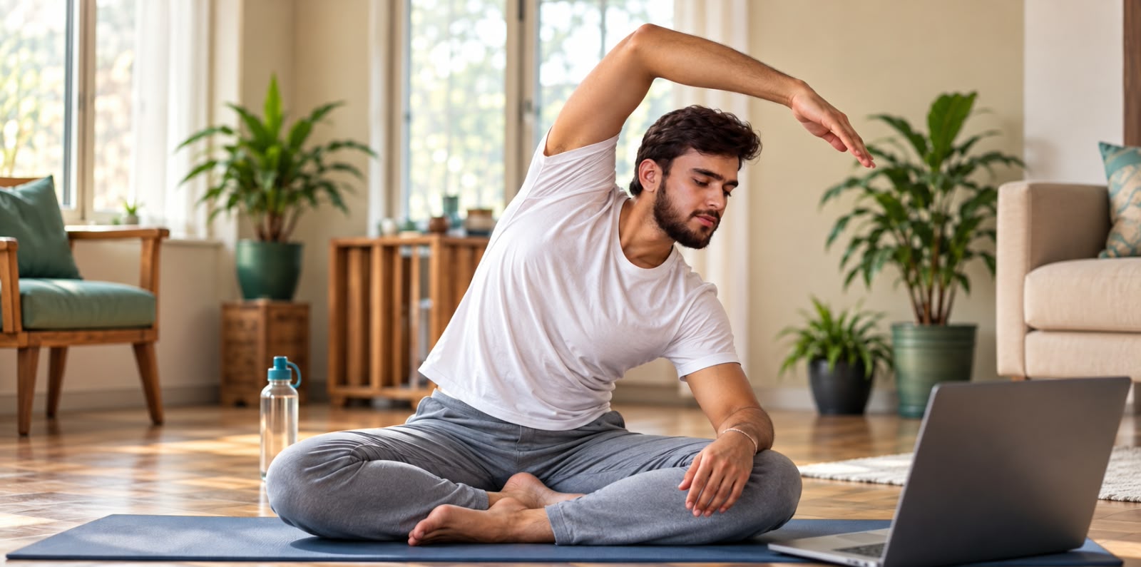 Deepak Sharma demonstrating a seated side bend in a home setting