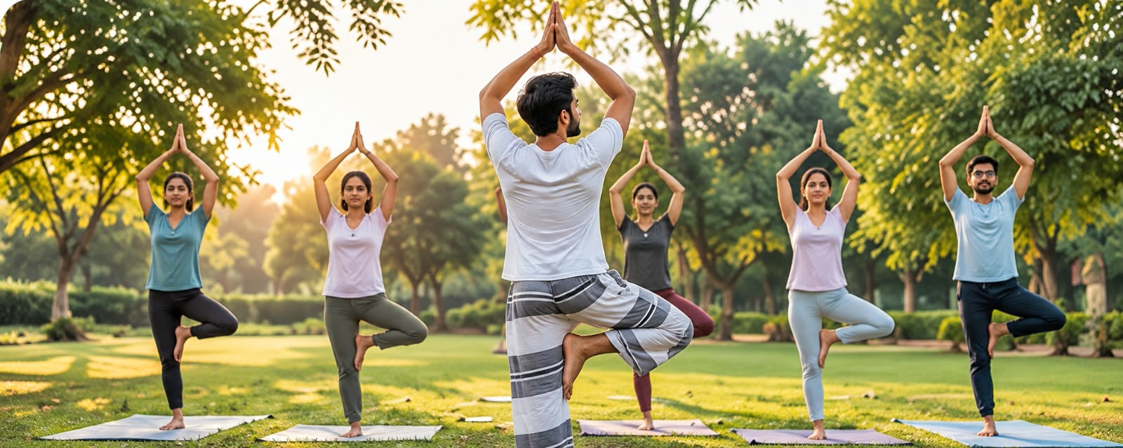 Deepak Sharma demonstrating tree pose with an outdoor group