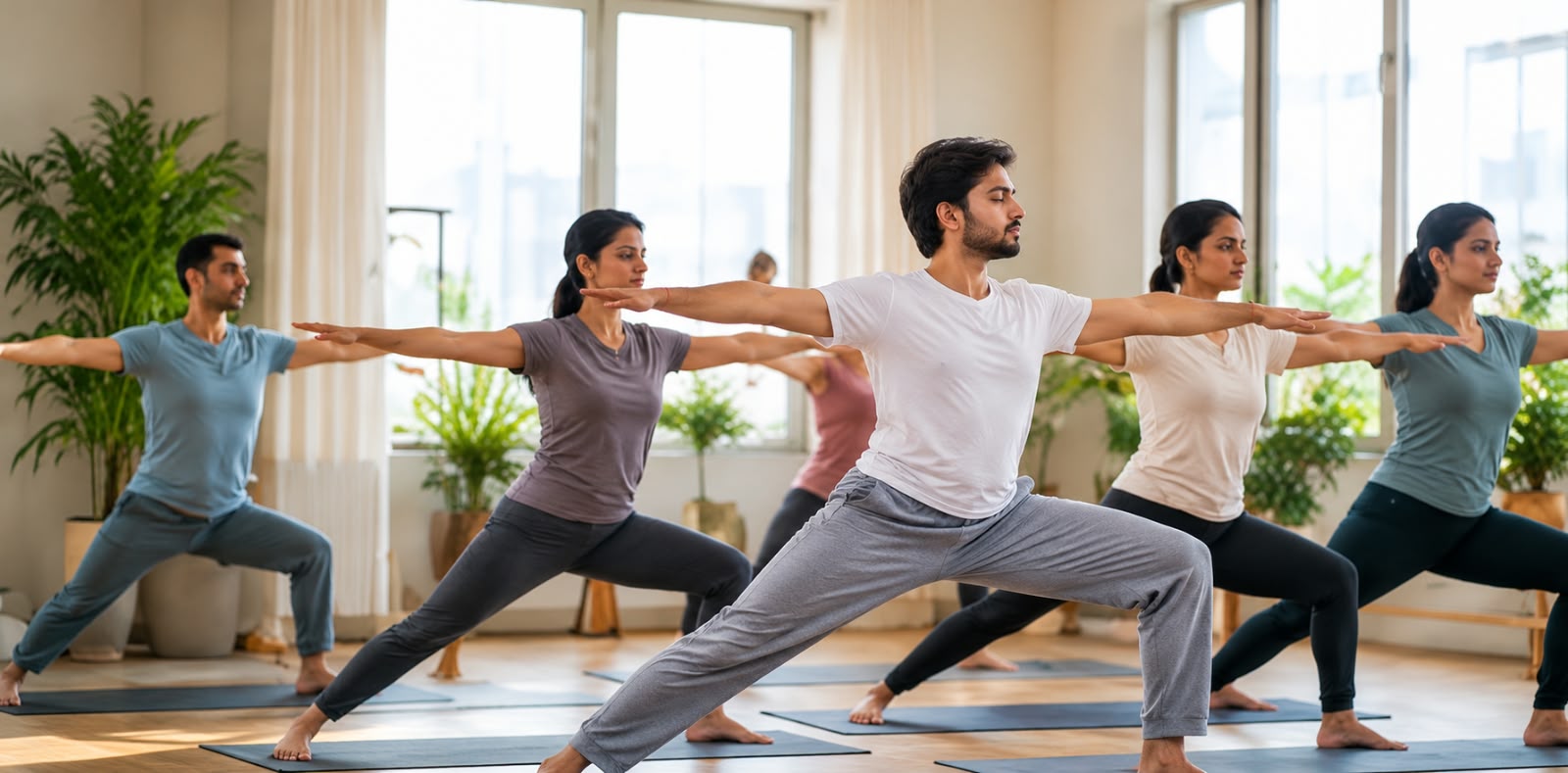 Deepak Sharma in a standing group yoga practice