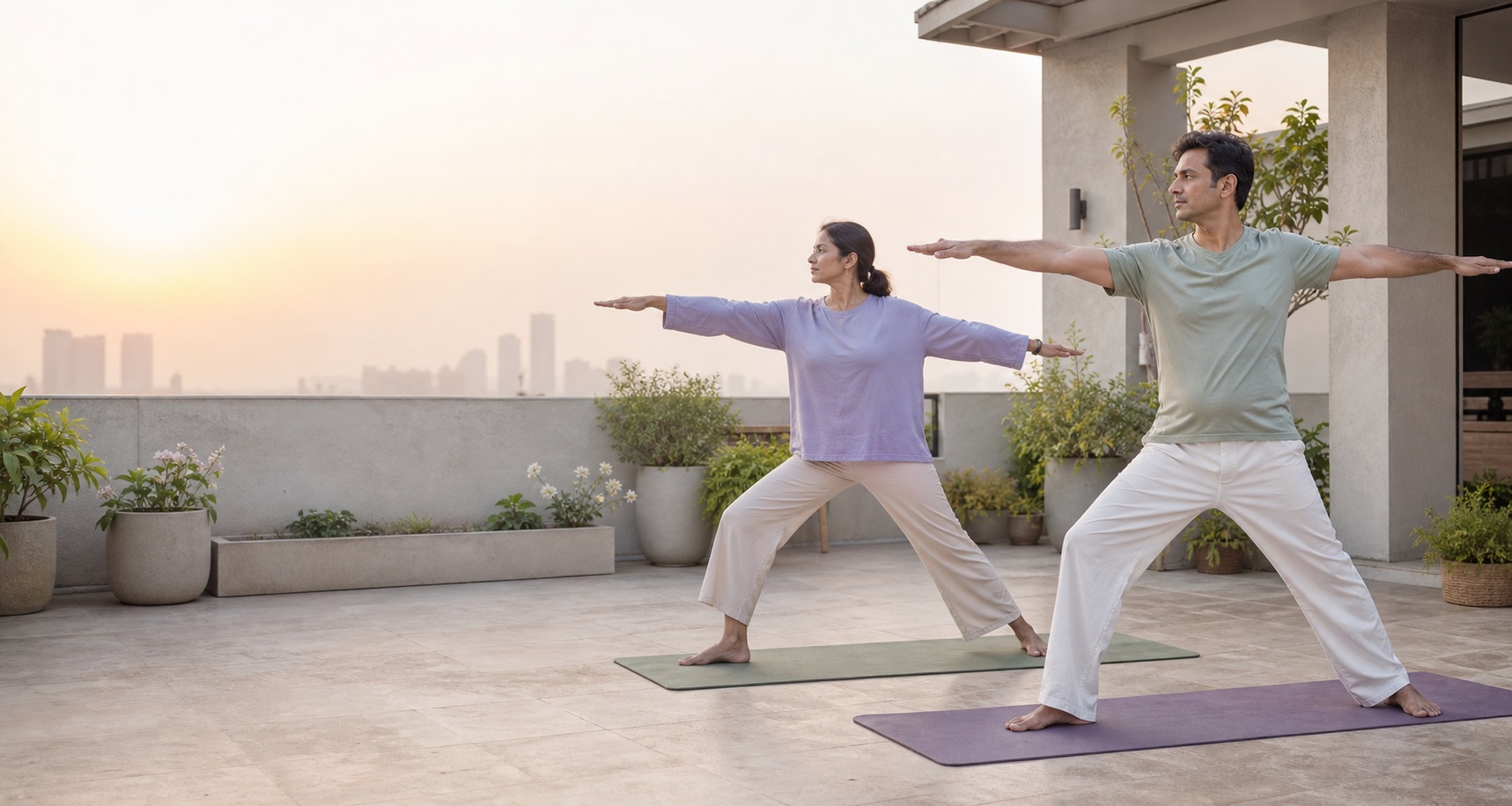 Illustration of a woman and man practising yoga together in a serene studio