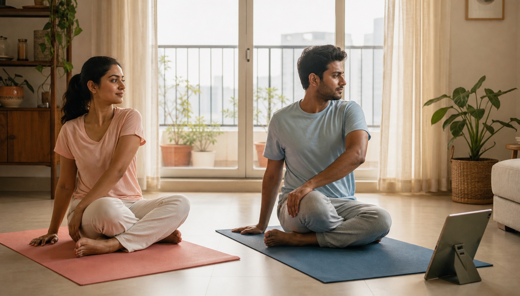 Illustration of a woman and man joining a live yoga class from home