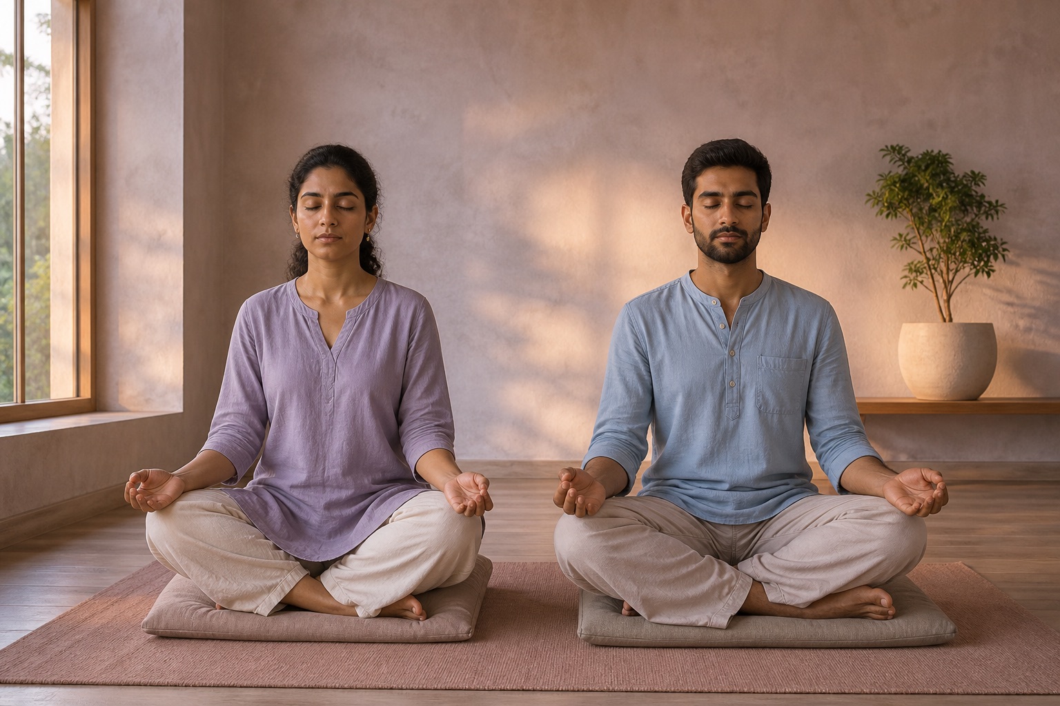 Illustration of a woman and man in a calm shared yoga practice