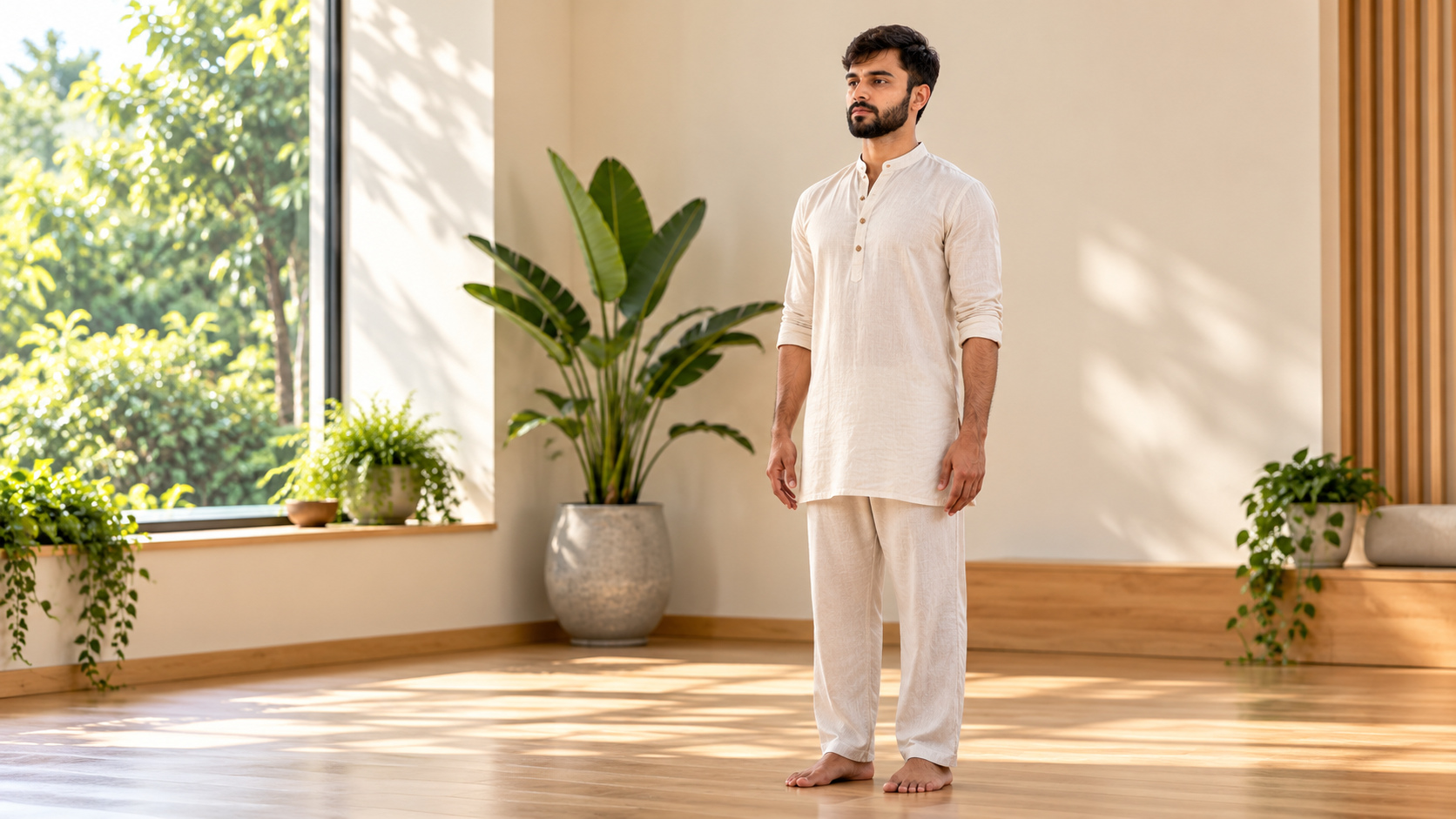 AI-generated illustration of Deepak Sharma in a feet-apart Mountain Pose variation for the tapas article