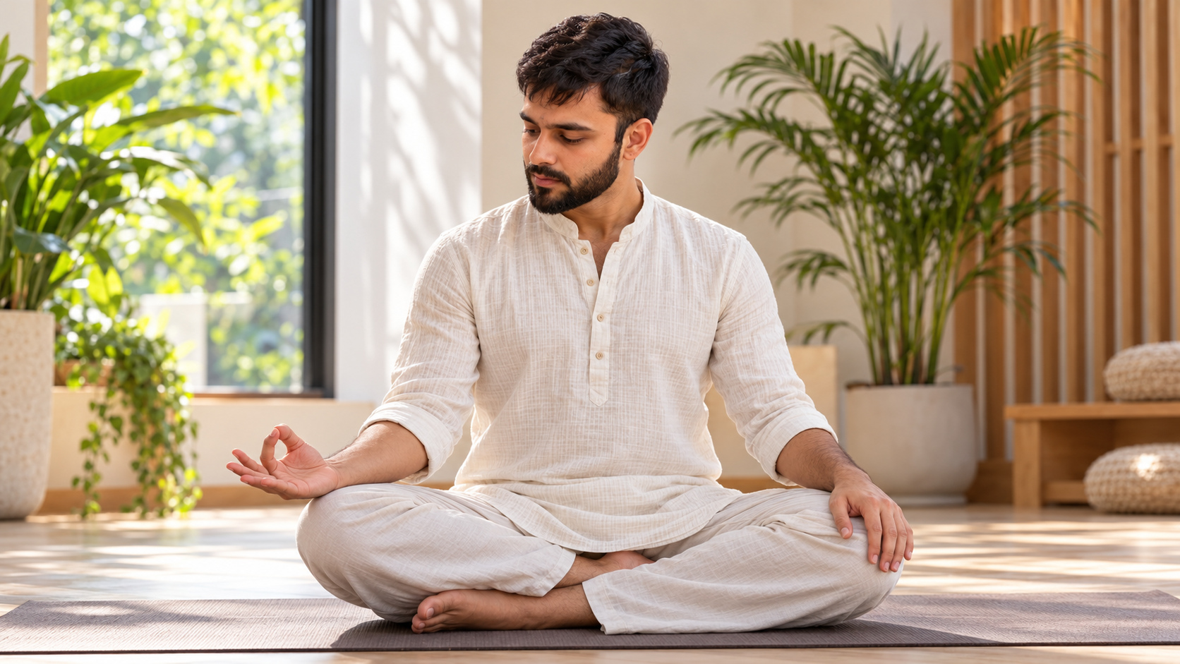 AI-generated illustration: Deepak Sharma showing the thumb–index gyan mudra in a supported seat