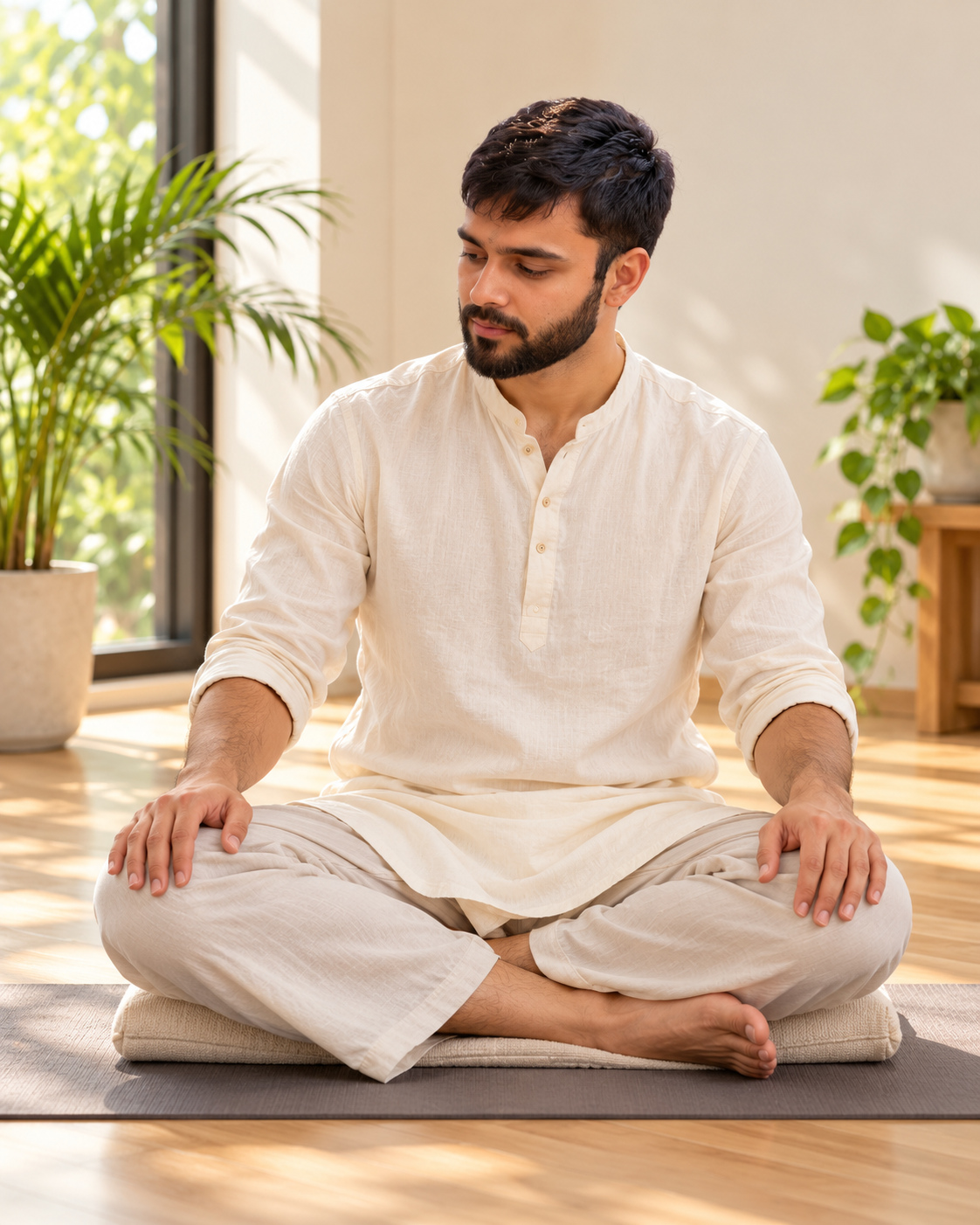 AI-generated illustration: Deepak Sharma seated in Easy Pose with both hands resting naturally