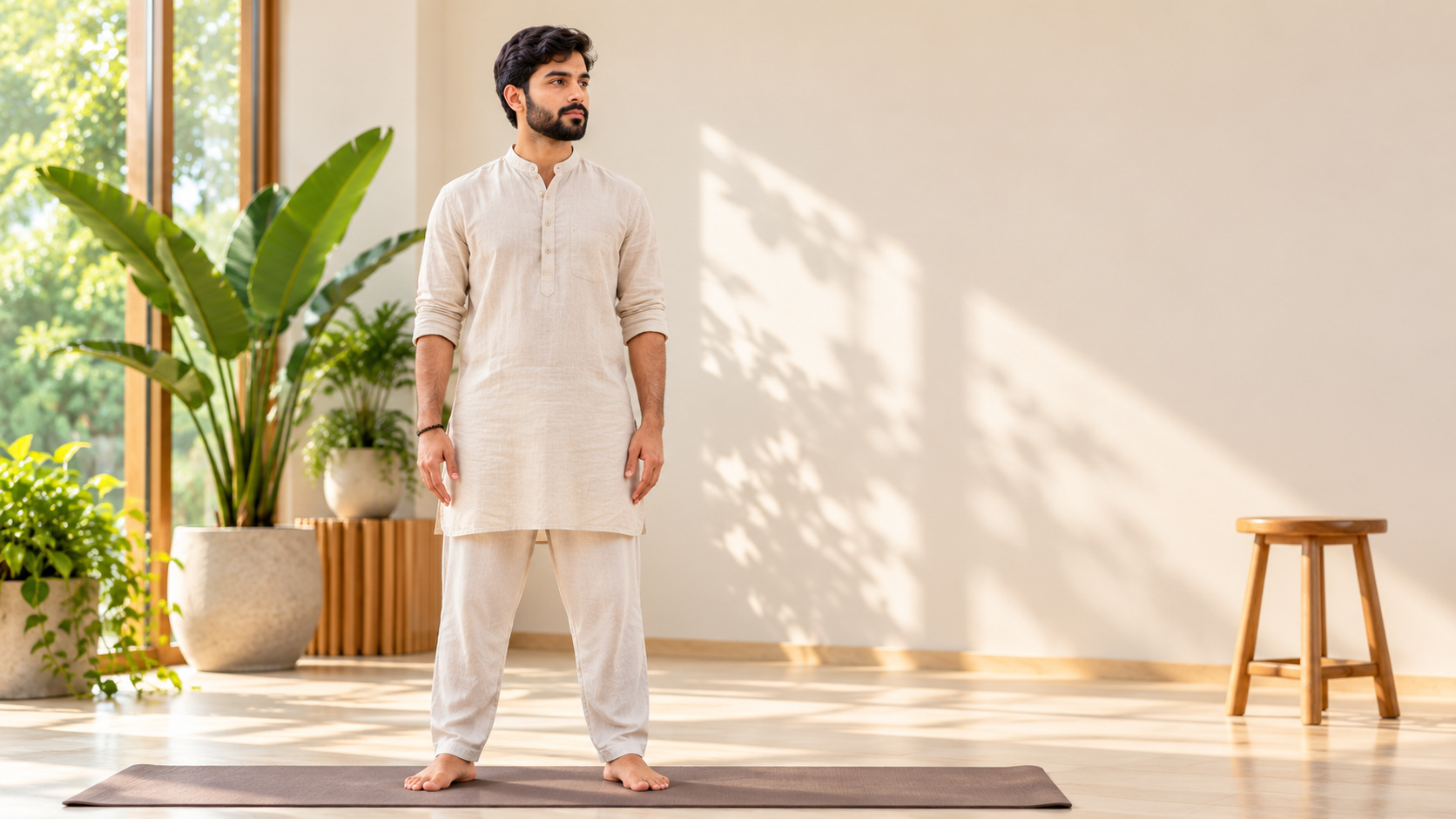 AI-generated illustration: Deepak Sharma in Mountain Pose accompanying a karma yoga discussion