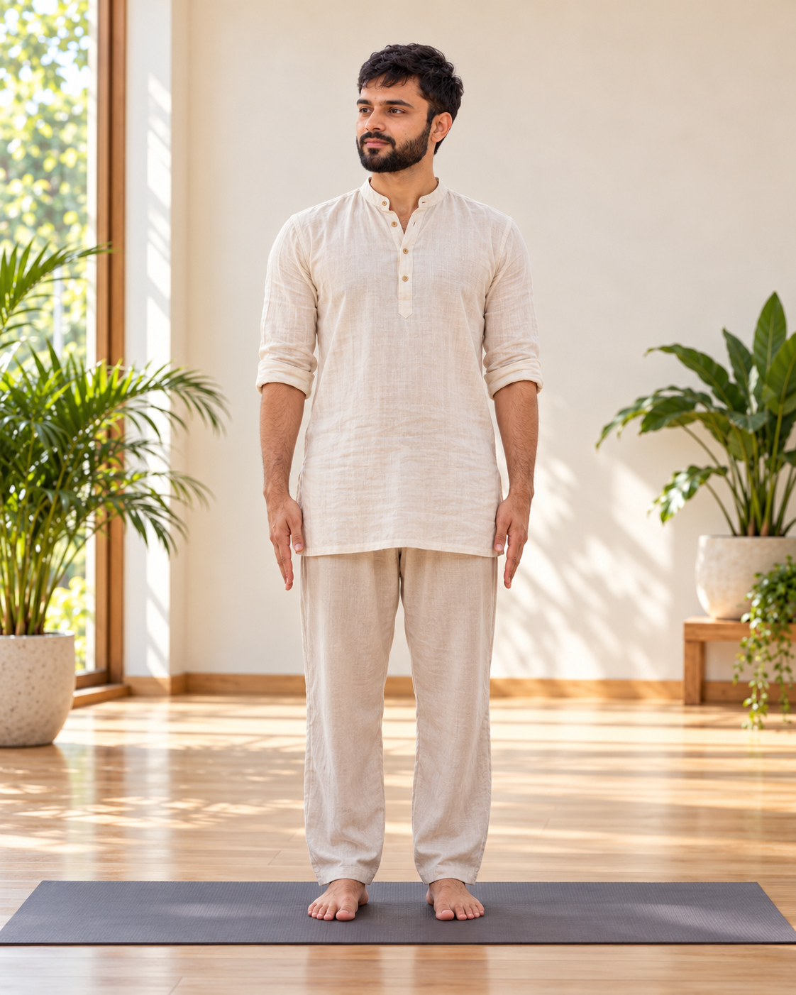 AI-generated illustration: Deepak Sharma standing in Mountain Pose, illustrating a setting for reflection