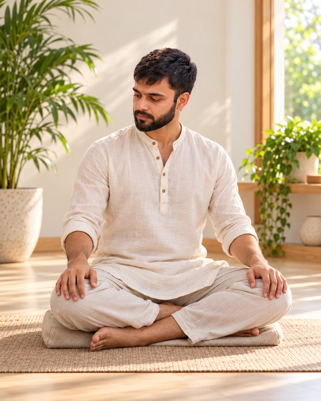 AI-generated illustration: Deepak Sharma seated in supported Easy Pose with hands resting naturally