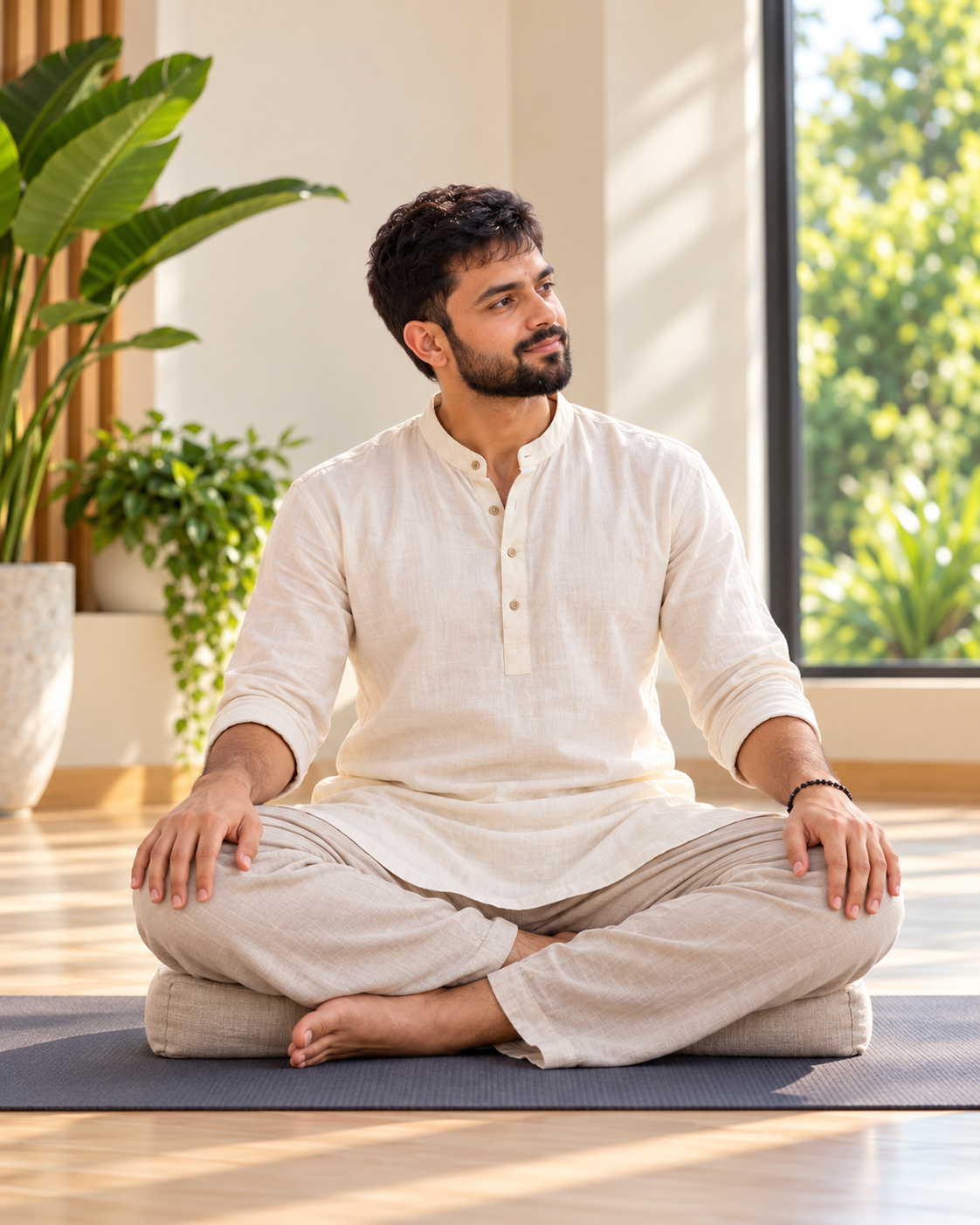 AI-generated illustration: Deepak Sharma seated with open eyes and both hands resting on his thighs