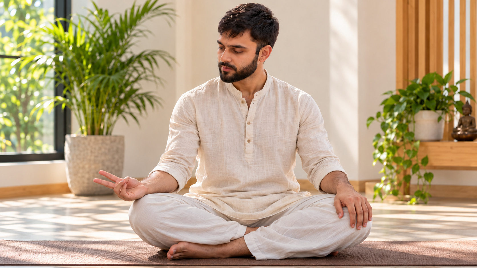 AI-generated illustration: Deepak Sharma illustrating the named prana mudra finger arrangement
